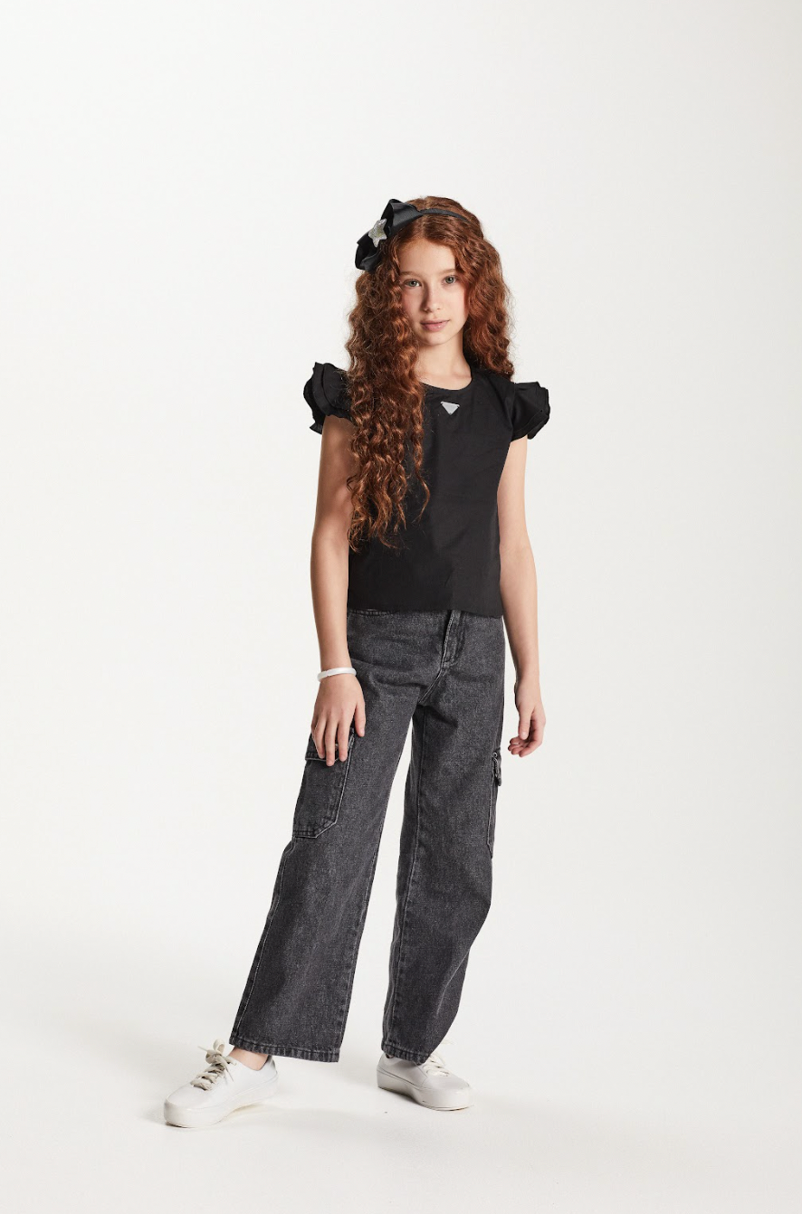 Calça Infantil Wide Leg Jeans Bolso Lateral  - Um Mais Um