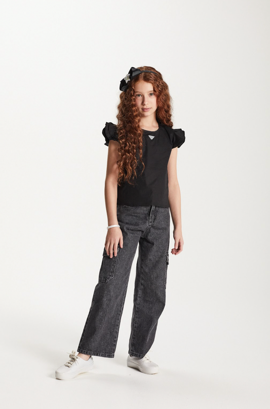 Calça Infantil Wide Leg Jeans Bolso Lateral  - Um Mais Um