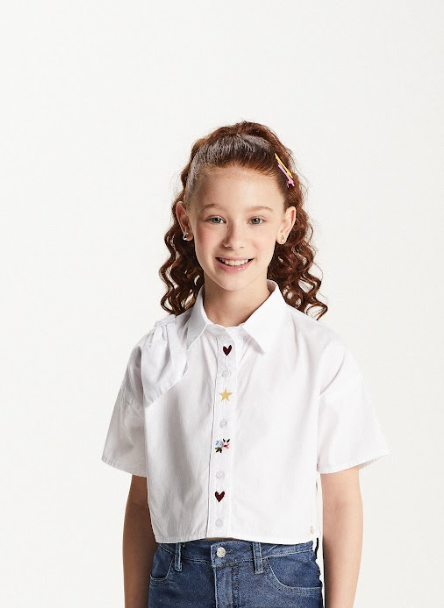 Camisa Infantil Cropped Tricoline Bordada Branca - Um Mais Um