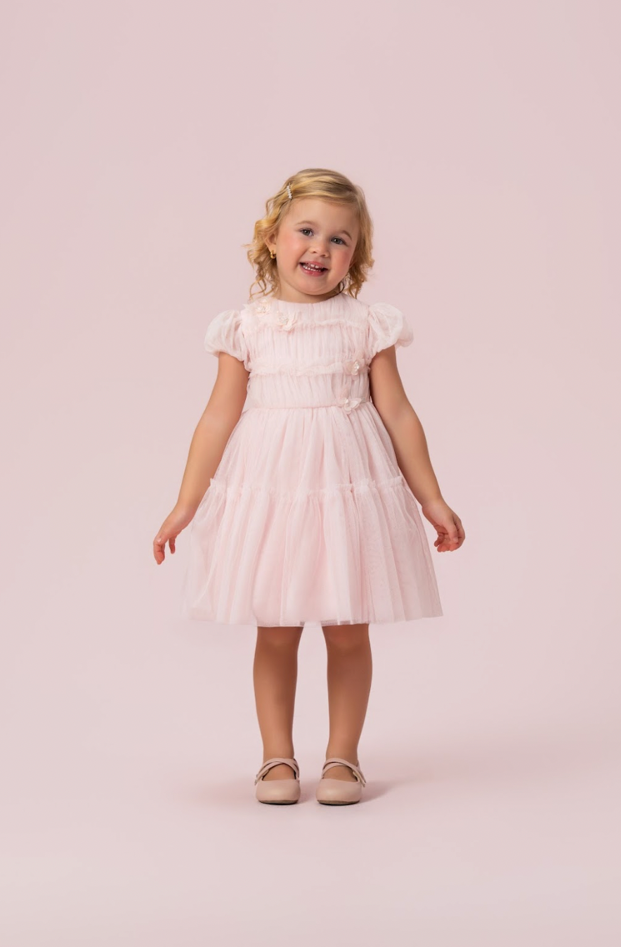 Vestido Infantil Festa Tule Rosa Borboletas 3D - Petit Cherie