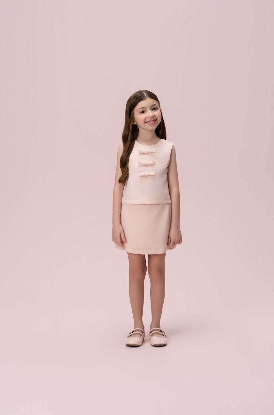 Conjunto Infantil Alfaiataria Blusa Lacinhos e Saia Salmão - Petit Cherie