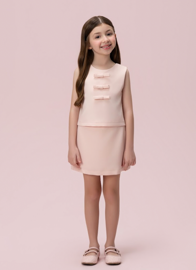 Conjunto Infantil Alfaiataria Blusa Lacinhos e Saia Salmão - Petit Cherie