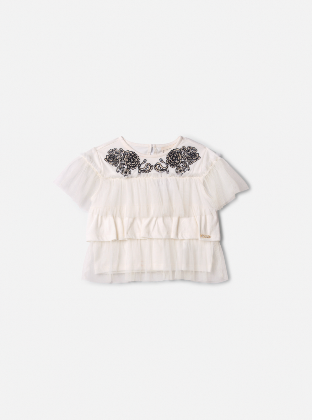 Conjunto Infantil Blusa  Bordada e Babados Pérola e Shorts Jeans Laço Preto - Animê