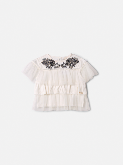 Conjunto Infantil Blusa  Bordada e Babados Pérola e Shorts Jeans Laço Preto - Animê
