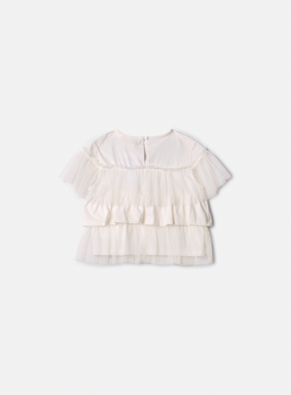 Conjunto Infantil Blusa  Bordada e Babados Pérola e Shorts Jeans Laço Preto - Animê