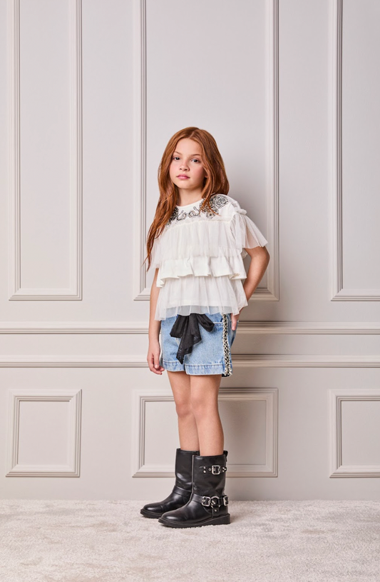 Conjunto Infantil Blusa  Bordada e Babados Pérola e Shorts Jeans Laço Preto - Animê PRÉ-VENDA