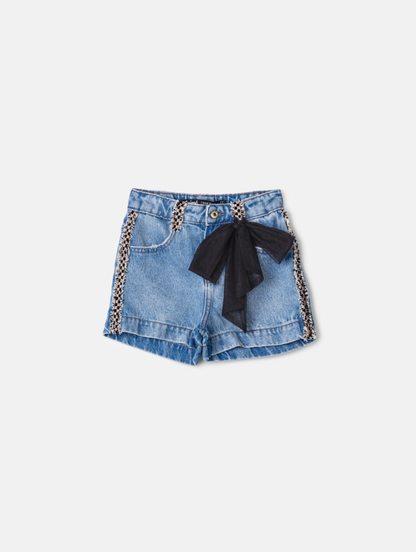 Conjunto Infantil Blusa  Bordada e Babados Pérola e Shorts Jeans Laço Preto - Animê
