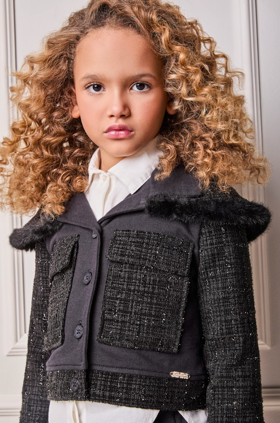 Conjunto Infantil Conceito Tweed Casaco e Saia-shorts Preto - Animê