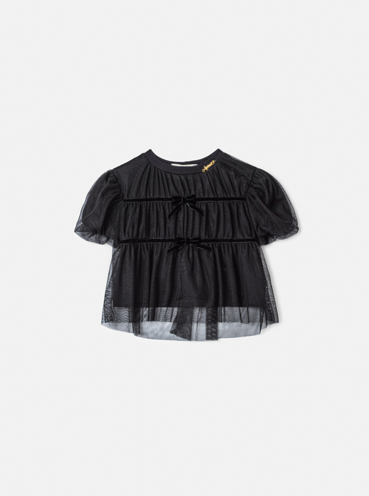 Conjunto Infantil BlusaTule Laço Veludo Preta e Shorts Jeans Laço Preto - Animê PRÉ-VENDA