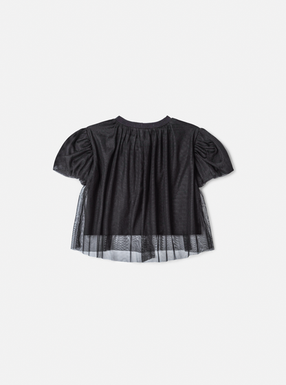 Conjunto Infantil BlusaTule Laço Veludo Preta e Shorts Jeans Laço Preto - Animê