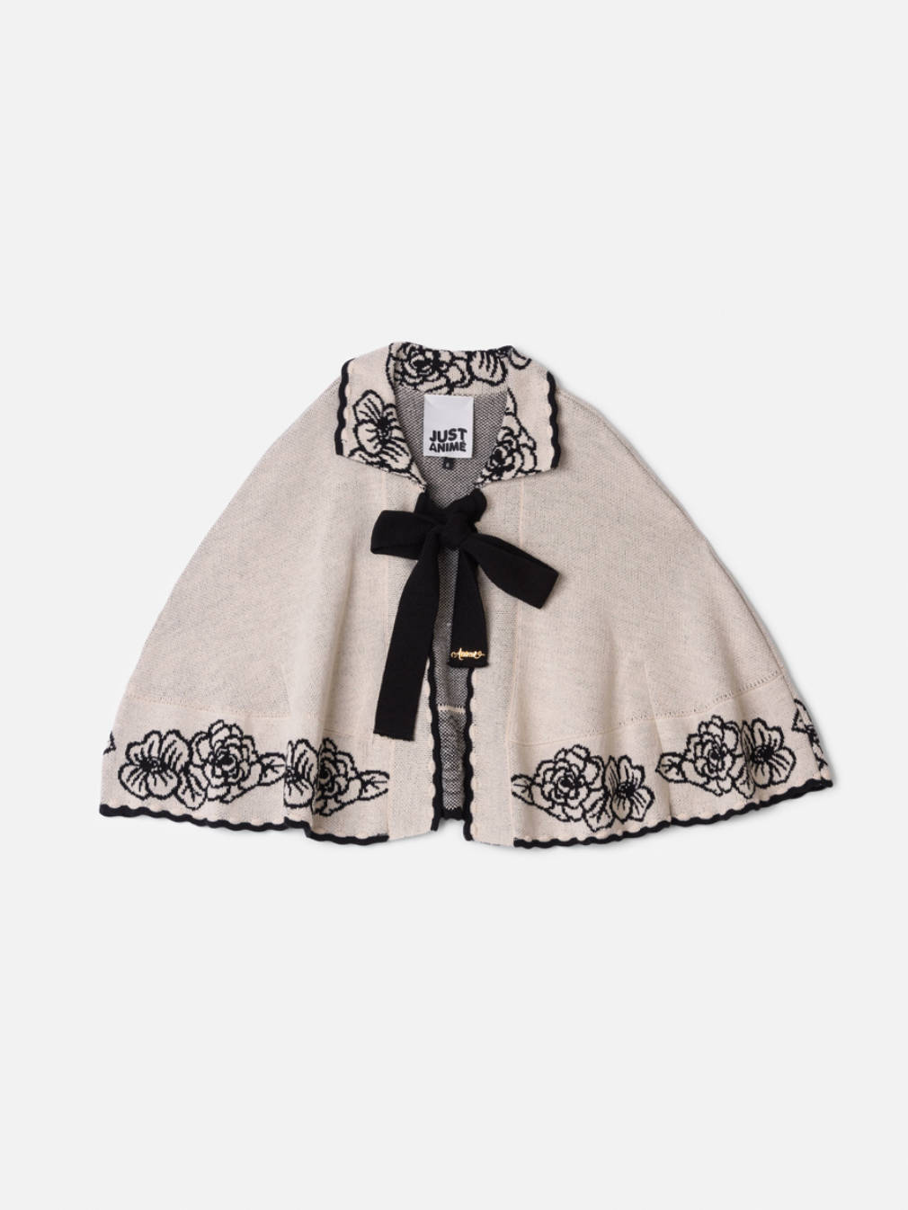 Conjunto Infantil Poncho Conceito Cru e Flores e Laço Preto e Calça Essentials Couro Tech Preta - Animê