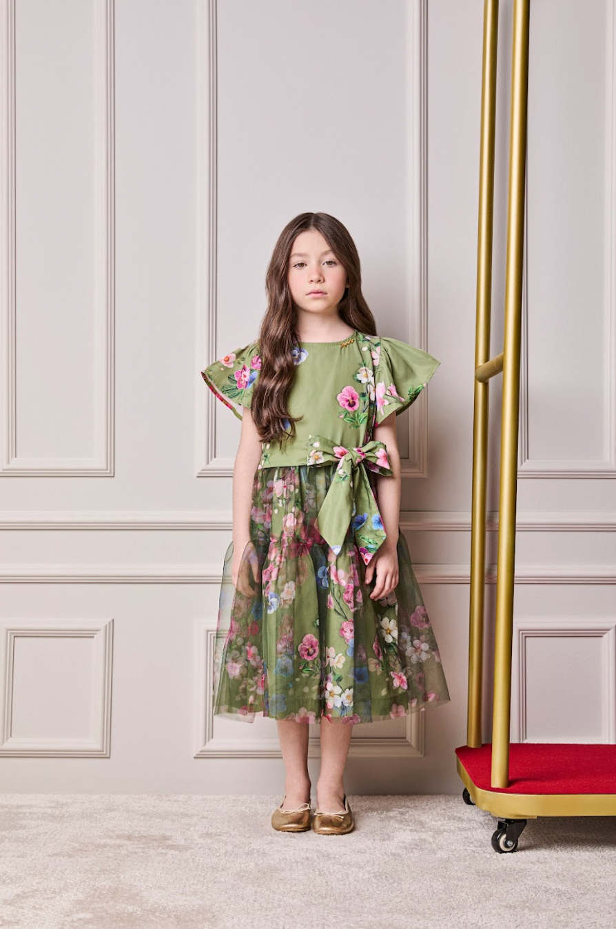 Vestido Infantil Conceito Tule Floral Bordado Verde Forest - Animê