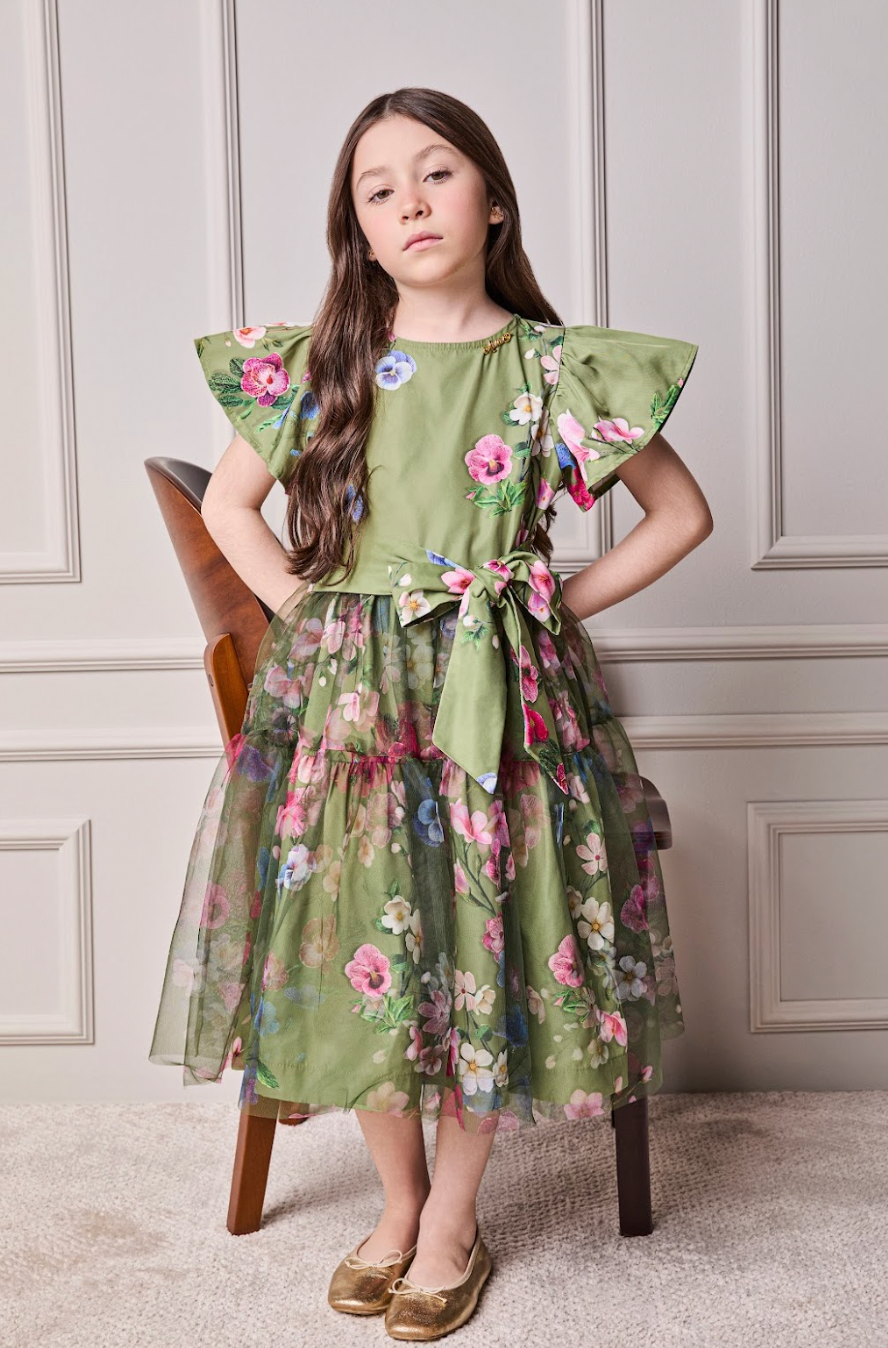 Vestido Infantil Conceito Tule Floral Bordado Verde Forest - Animê