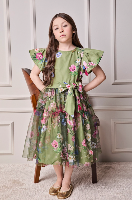 Vestido Infantil Conceito Tule Floral Bordado Verde Forest - Animê PRÉ-VENDA