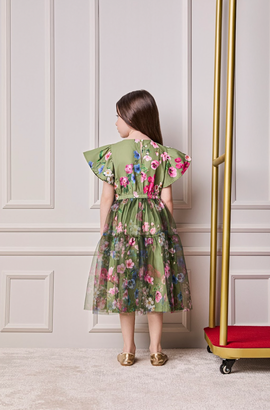 Vestido Infantil Conceito Tule Floral Bordado Verde Forest - Animê