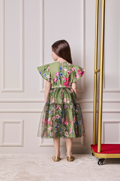 Vestido Infantil Conceito Tule Floral Bordado Verde Forest - Animê
