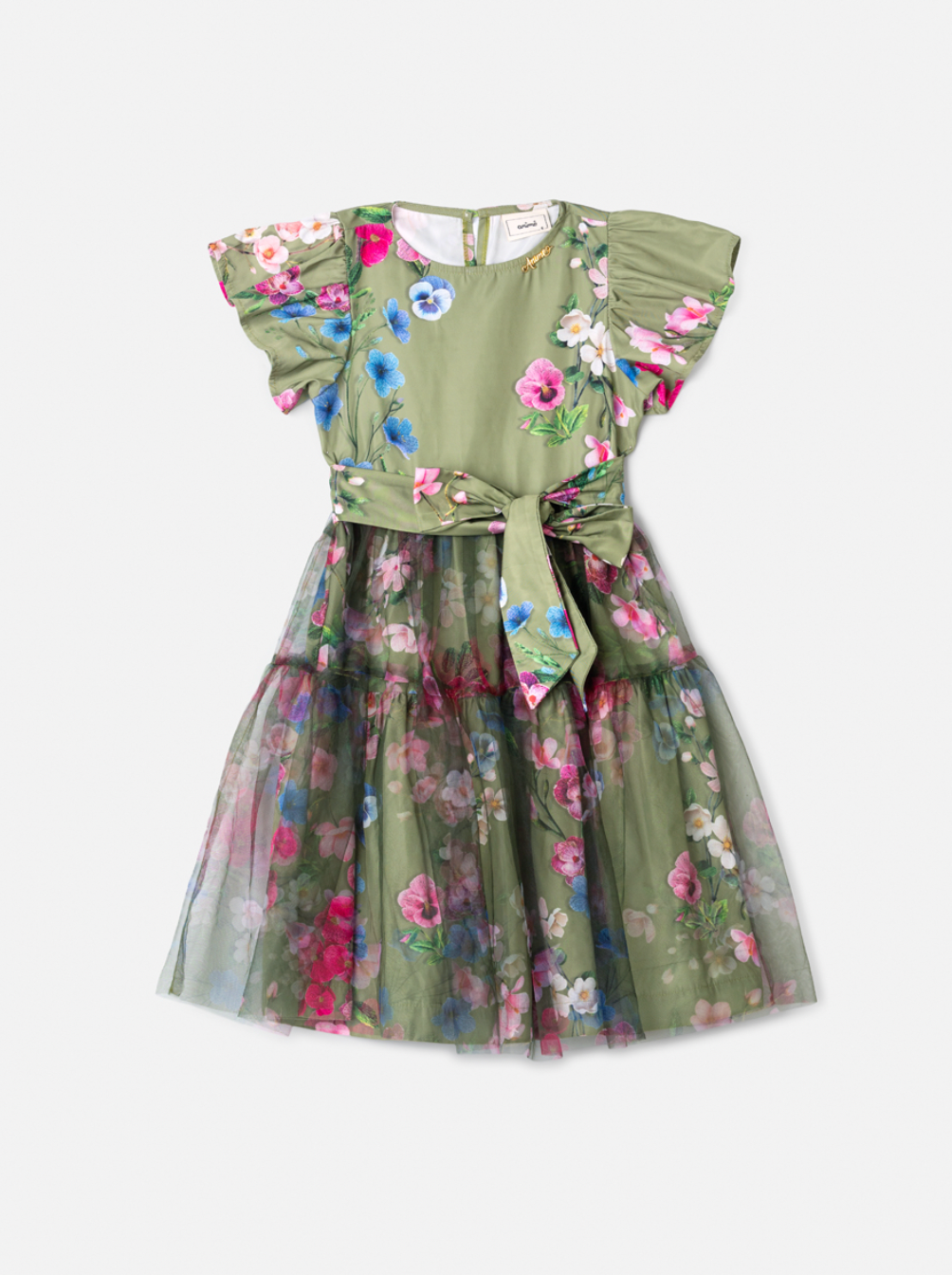 Vestido Infantil Conceito Tule Floral Bordado Verde Forest - Animê