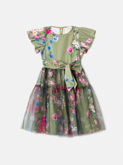 Vestido Infantil Conceito Tule Floral Bordado Verde Forest - Animê