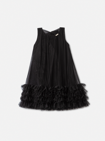Vestido Infantil Tule Babado Bordado Barra Preto - Animê
