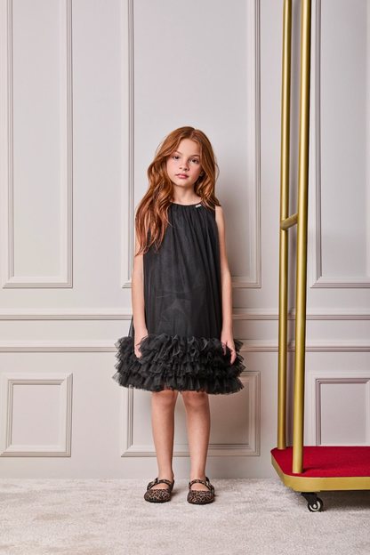 Vestido Infantil Tule Babado Bordado Barra Preto - Animê