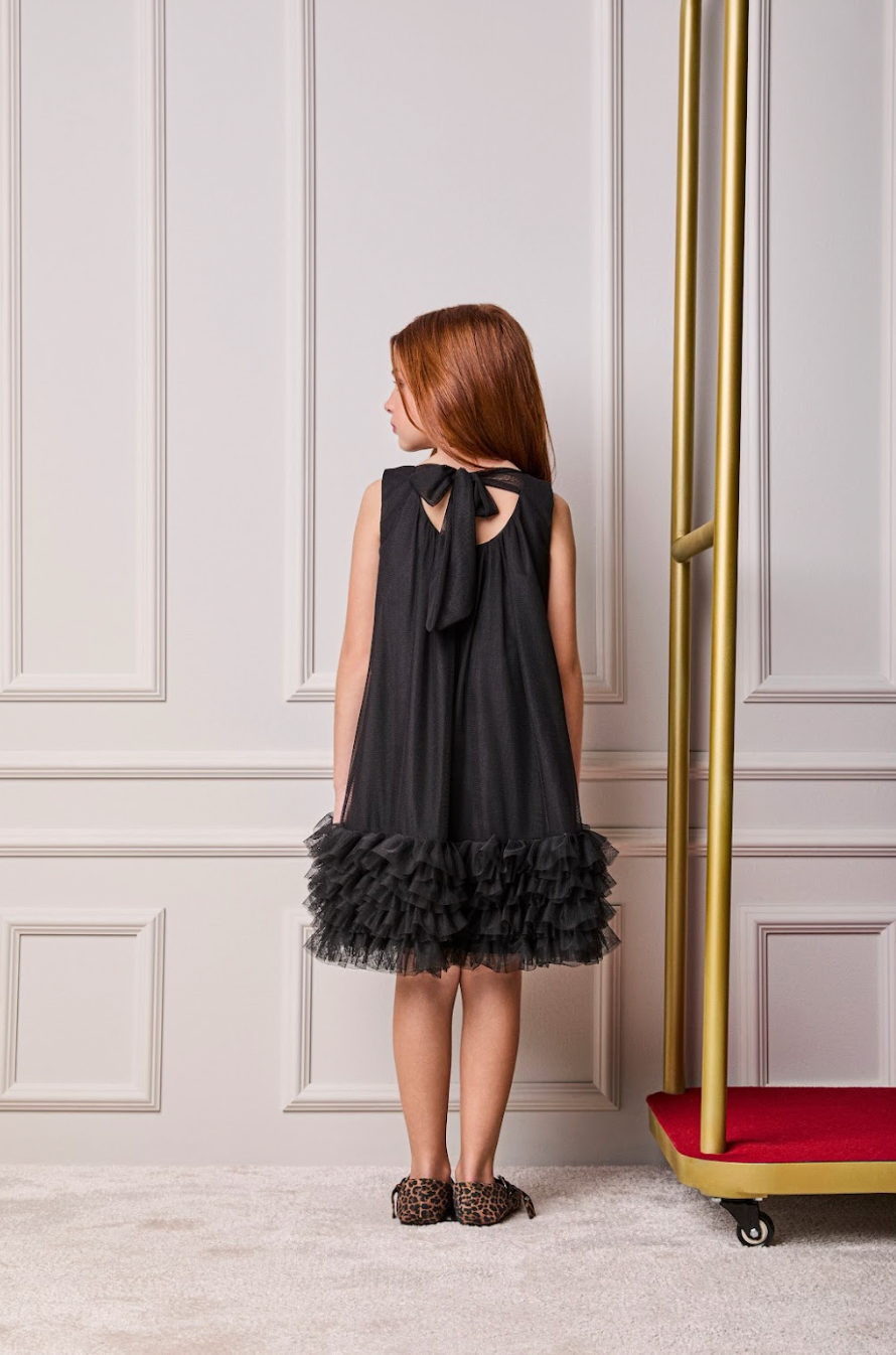 Vestido Infantil Tule Babado Bordado Barra Preto - Animê