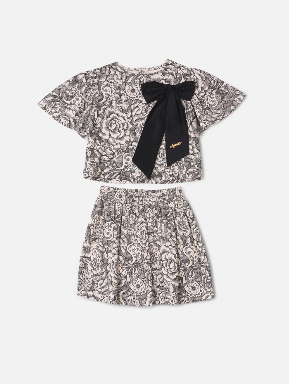Conjunto Infantil Blusa e Saia Floral Paisley Laço Preto - Animê