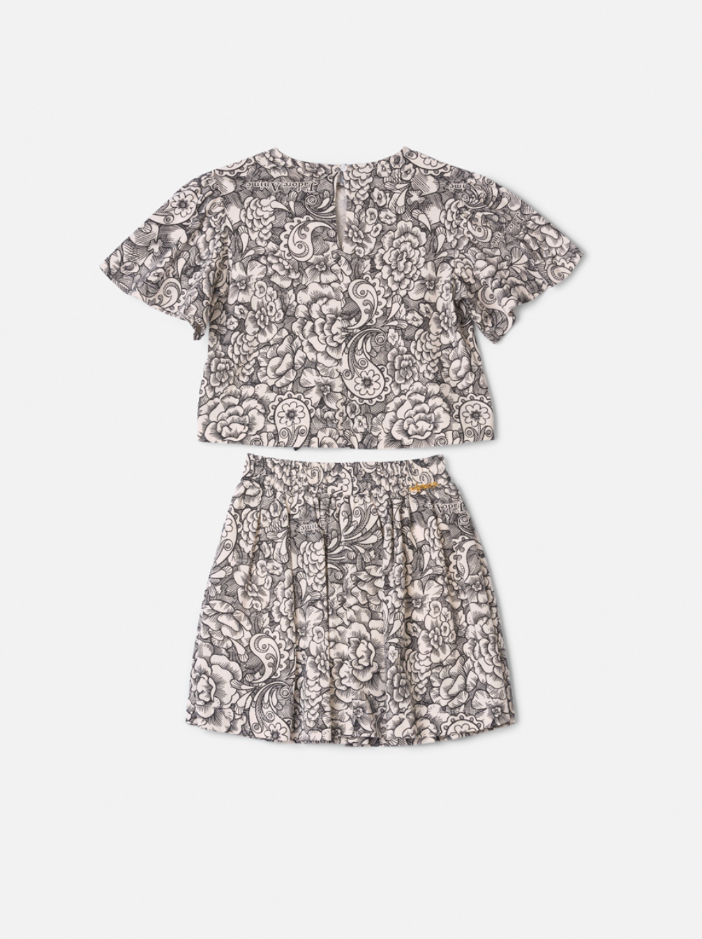 Conjunto Infantil Blusa e Saia Floral Paisley Laço Preto - Animê