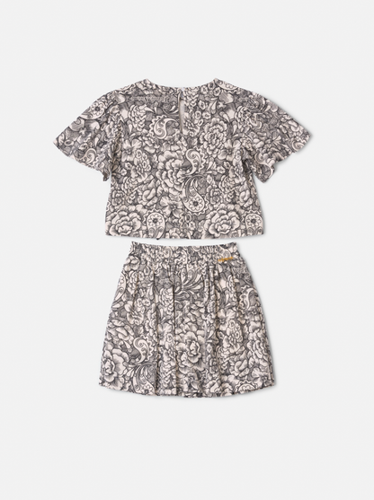 Conjunto Infantil Blusa e Saia Floral Paisley Laço Preto - Animê