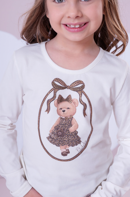 Conjunto Infantil Blusa  Ursinha Moldura Cristais e Calça  Sarja Reta Bolsos Oncinha - Pituchinhus