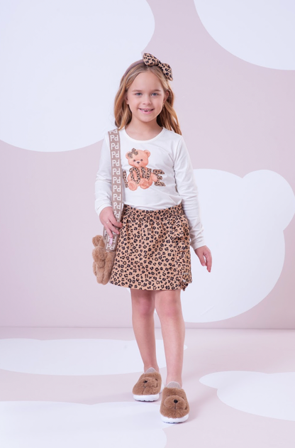 Conjunto Infantil Blusa Ursinha Love e Saia-shorts  Sarja Babadinho Oncinha - Pituchinhus
