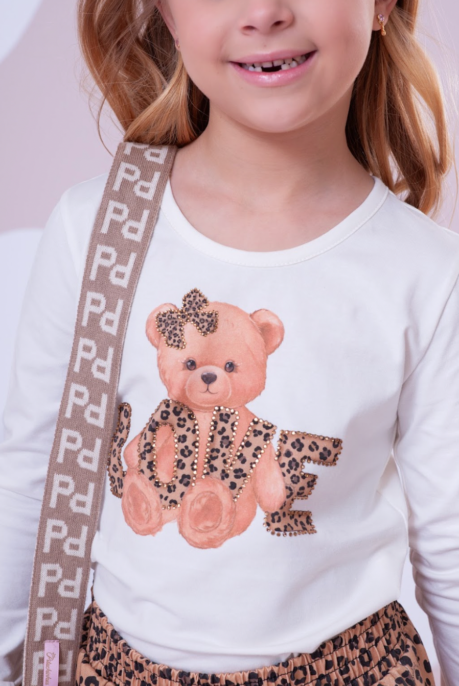 Conjunto Infantil Blusa Ursinha Love e Saia-shorts  Sarja Babadinho Oncinha - Pituchinhus