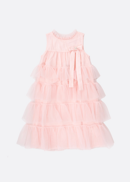 Vestido Infantil Tule Camadas Babados Laço Rosa Fada - Pituchinhus