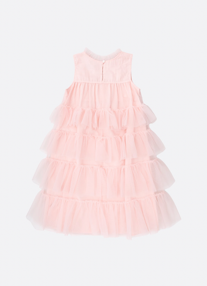 Vestido Infantil Tule Camadas Babados Laço Rosa Fada - Pituchinhus