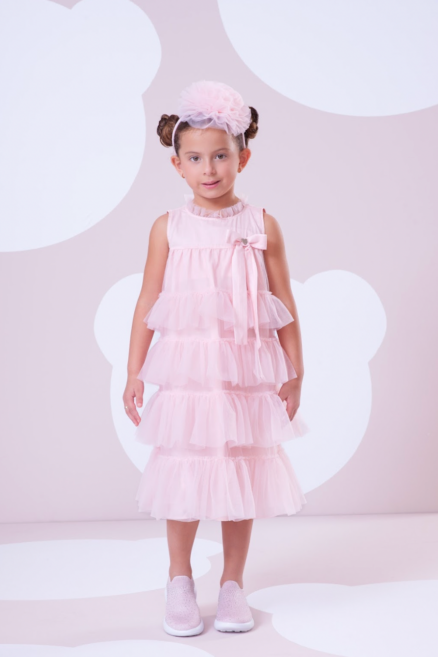 Vestido Infantil Tule Camadas Babados Laço Rosa Fada - Pituchinhus