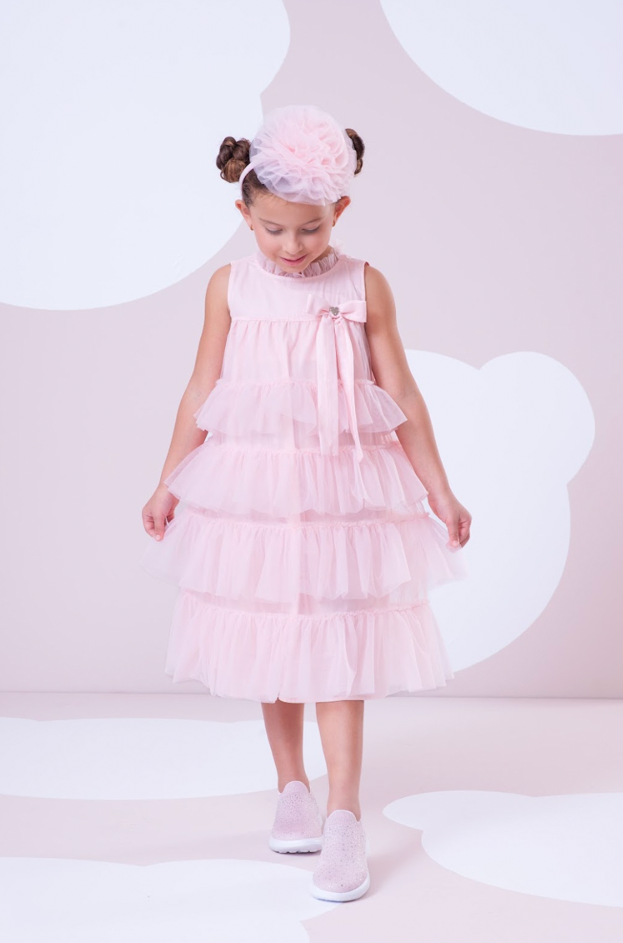 Vestido Infantil Tule Camadas Babados Laço Rosa Fada - Pituchinhus