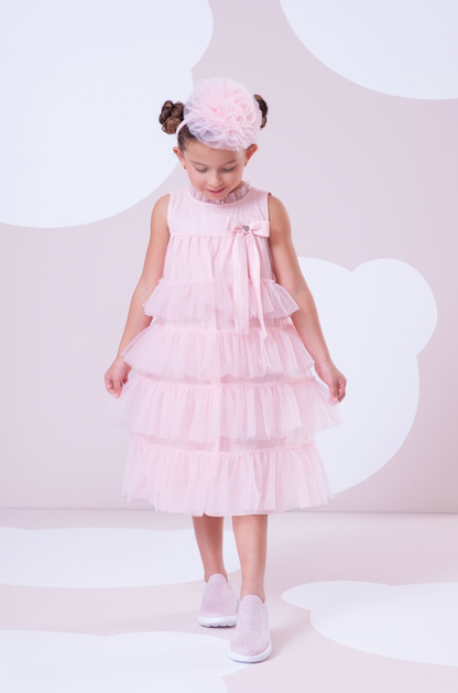 Vestido Infantil Tule Camadas Babados Laço Rosa Fada - Pituchinhus