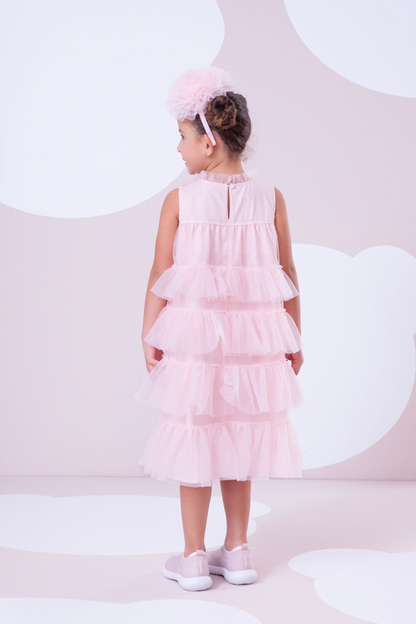Vestido Infantil Tule Camadas Babados Laço Rosa Fada - Pituchinhus