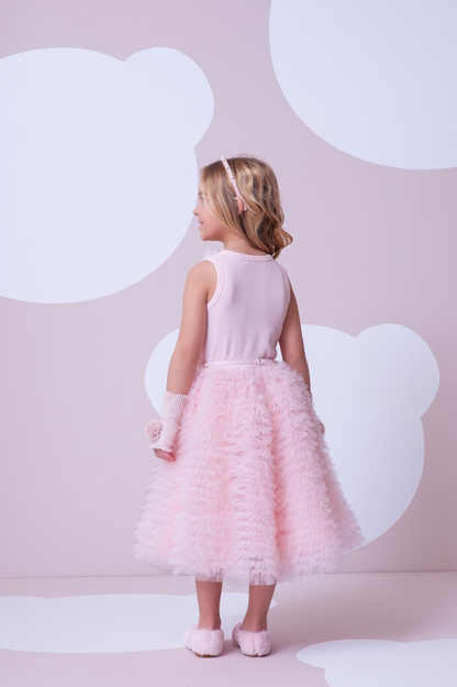 Vestido Infantil Conceito Frufru Tule Cinto Pérola Rosa Gelado - Pituchinhus