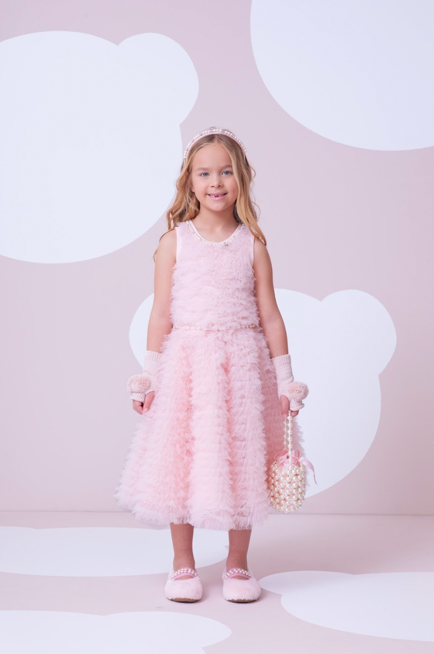 Vestido Infantil Conceito Frufru Tule Cinto Pérola Rosa Gelado - Pituchinhus