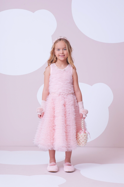 Vestido Infantil Conceito Frufru Tule Cinto Pérola Rosa Gelado - Pituchinhus