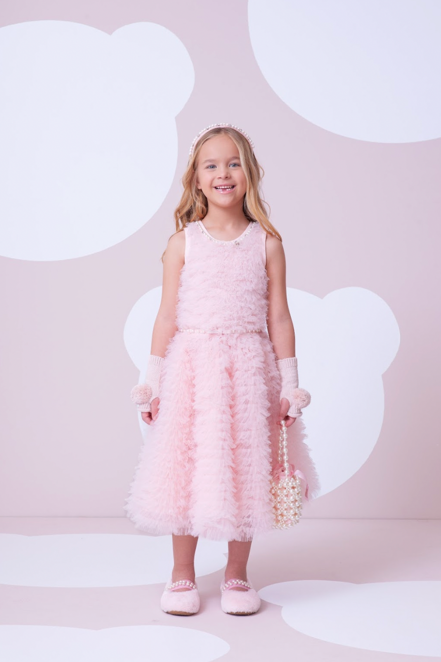 Vestido Infantil Conceito Frufru Tule Cinto Pérola Rosa Gelado - Pituchinhus