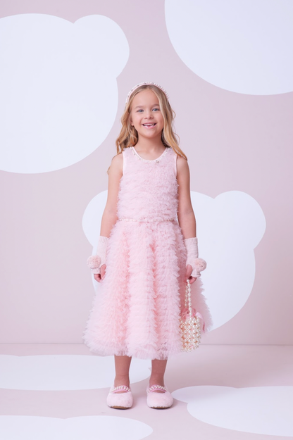 Vestido Infantil Conceito Frufru Tule Cinto Pérola Rosa Gelado - Pituchinhus