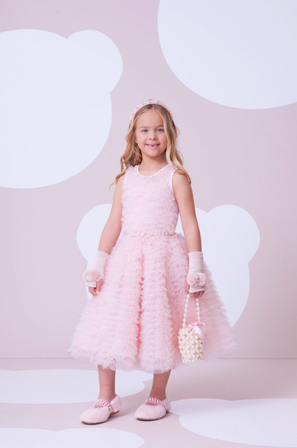 Vestido Infantil Conceito Frufru Tule Cinto Pérola Rosa Gelado - Pituchinhus