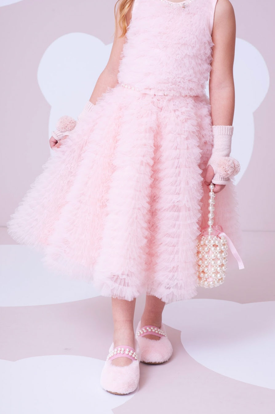 Vestido Infantil Conceito Frufru Tule Cinto Pérola Rosa Gelado - Pituchinhus