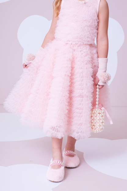 Vestido Infantil Conceito Frufru Tule Cinto Pérola Rosa Gelado - Pituchinhus