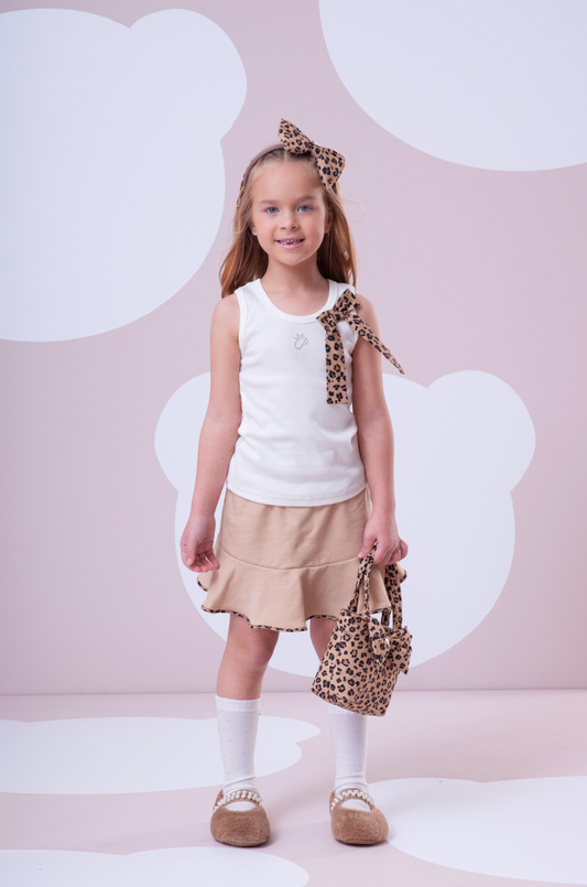 Conjunto Infantil Regata Laço Oncinha e Saia Moletom Babado Bege - Pituchinhus