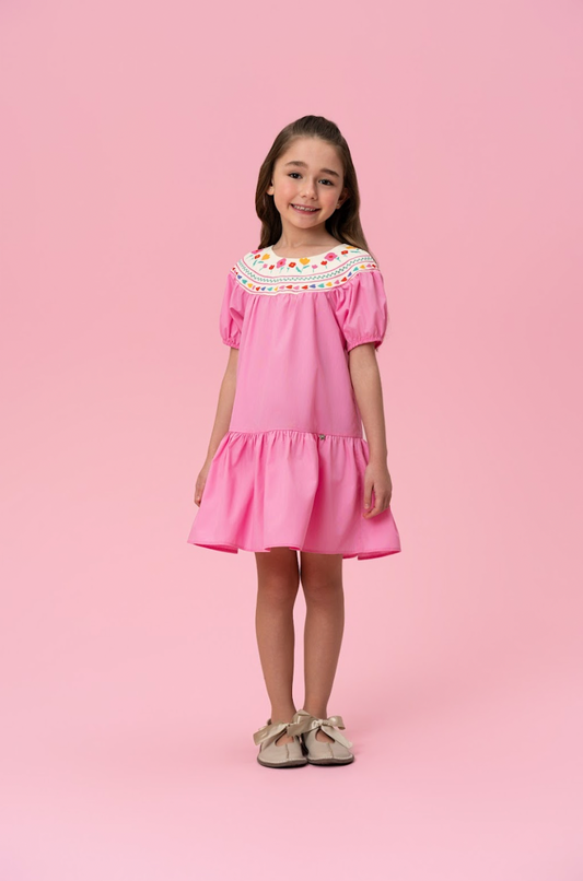 Vestido Infantil Algodão Rosas e Corações na Gola - Mon Sucre PRÉ-VENDA