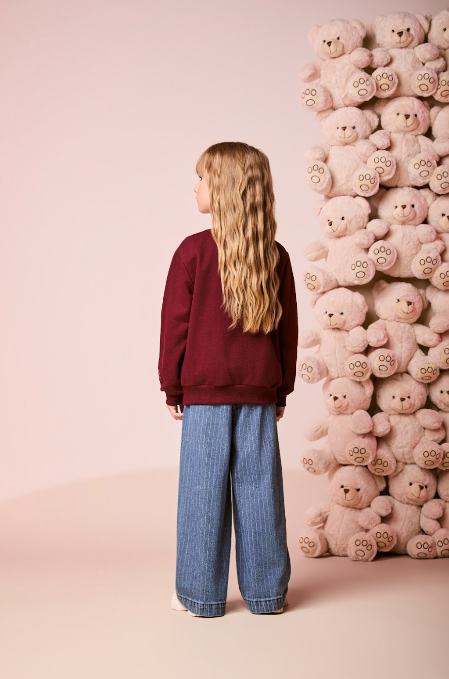 Conjunto Infantil Casaco  Over Hello Kitty Cranberry Juice e Calça Jeans Listrada Cós Duplo - Momi