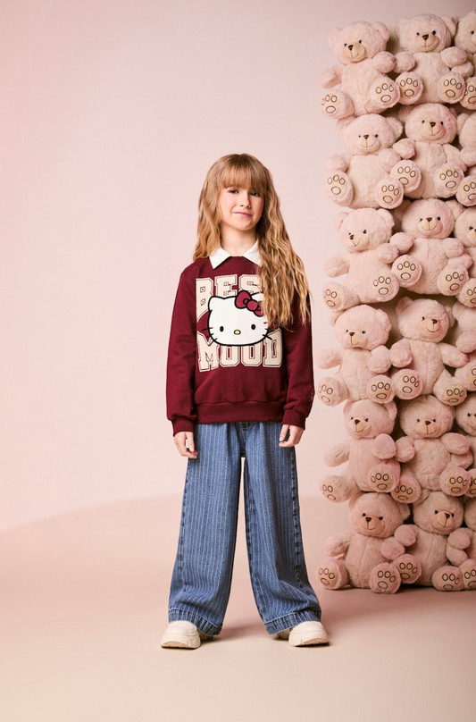 Conjunto Infantil Casaco  Over Hello Kitty Cranberry Juice e Calça Jeans Listrada Cós Duplo - Momi