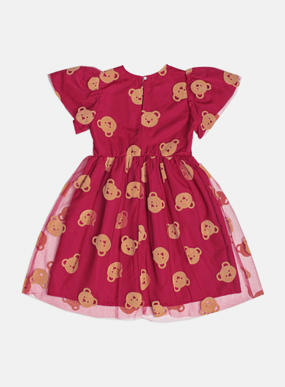 Vestido Infantil Tule Ursinhos Bordô - Momi